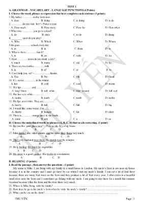Đề kiểm tra số 1 Tiếng anh lớp 6 - Thu Yến